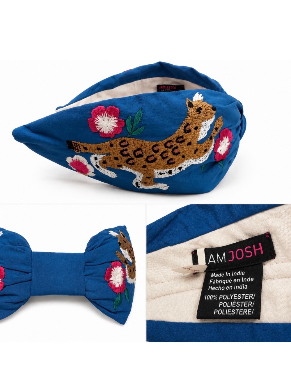 NAM JOSH Blue Embroidered Leopard Headband